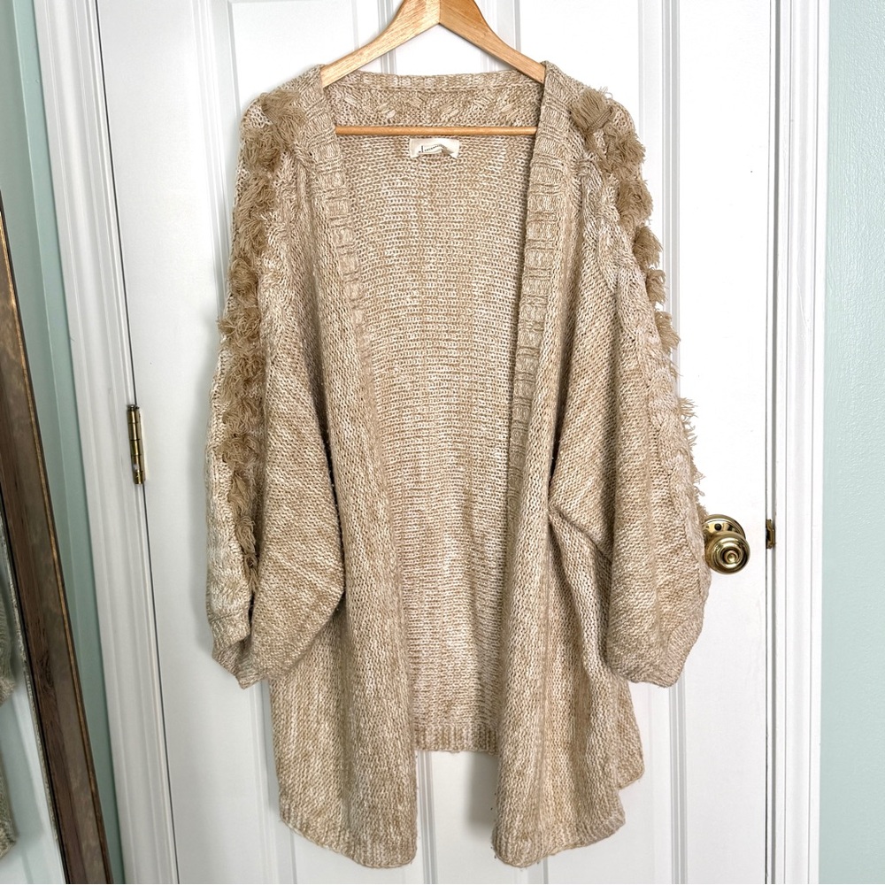 Anthropologie Cozy Open-Front Fringe Sleeve Cardigan Sweater Beige One Size